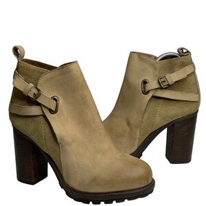 Rebel Beige Taupe Lug Sole 3.4” Stacked Wooden Heel Tall Ankle Boots Size 37